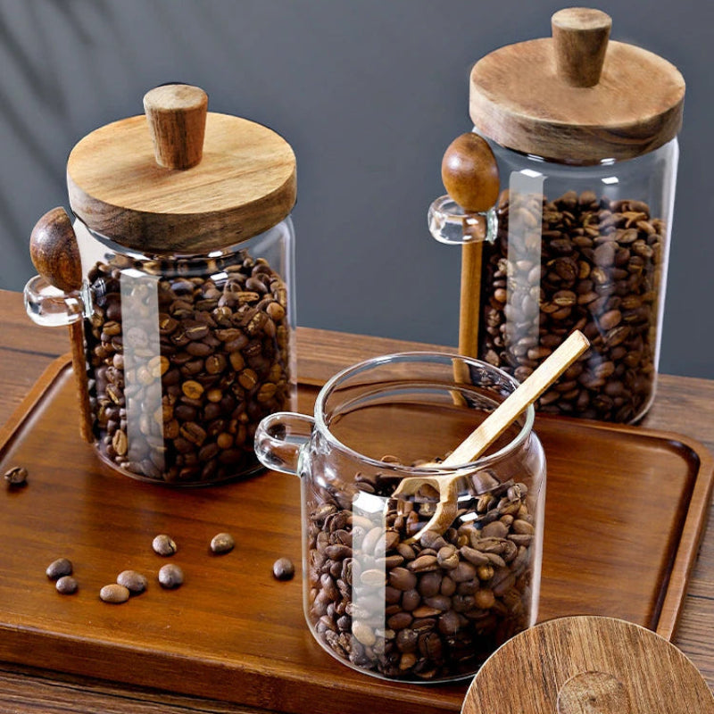 Glass Coffee Bean Storage Jar | Airtight Sealed with Wooden Lid & Spoon