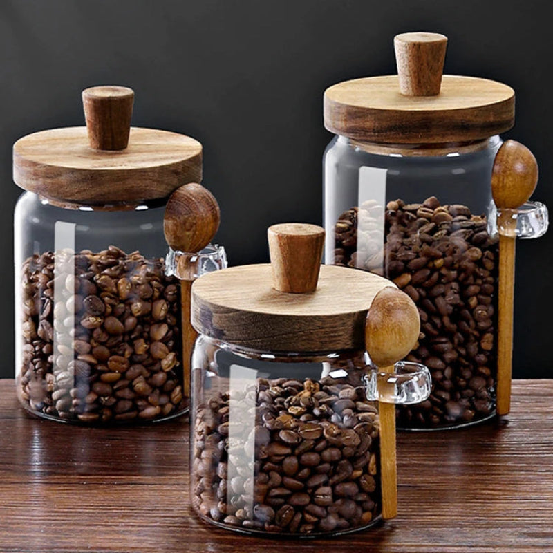 Glass Coffee Bean Storage Jar | Airtight Sealed with Wooden Lid & Spoon