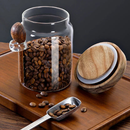 Glass Coffee Bean Storage Jar | Airtight Sealed with Wooden Lid & Spoon